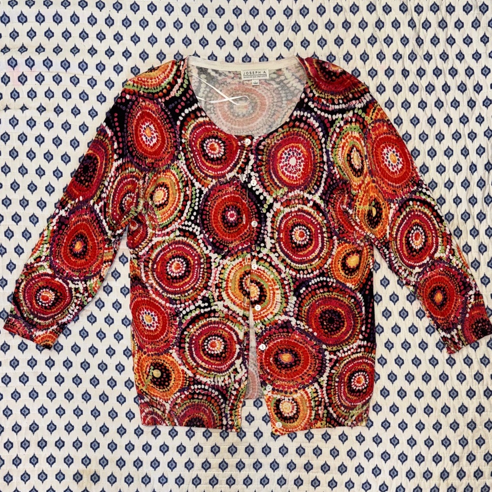 Joseph A Multicolor red orange yellow green black circle Patterned Cardigan L